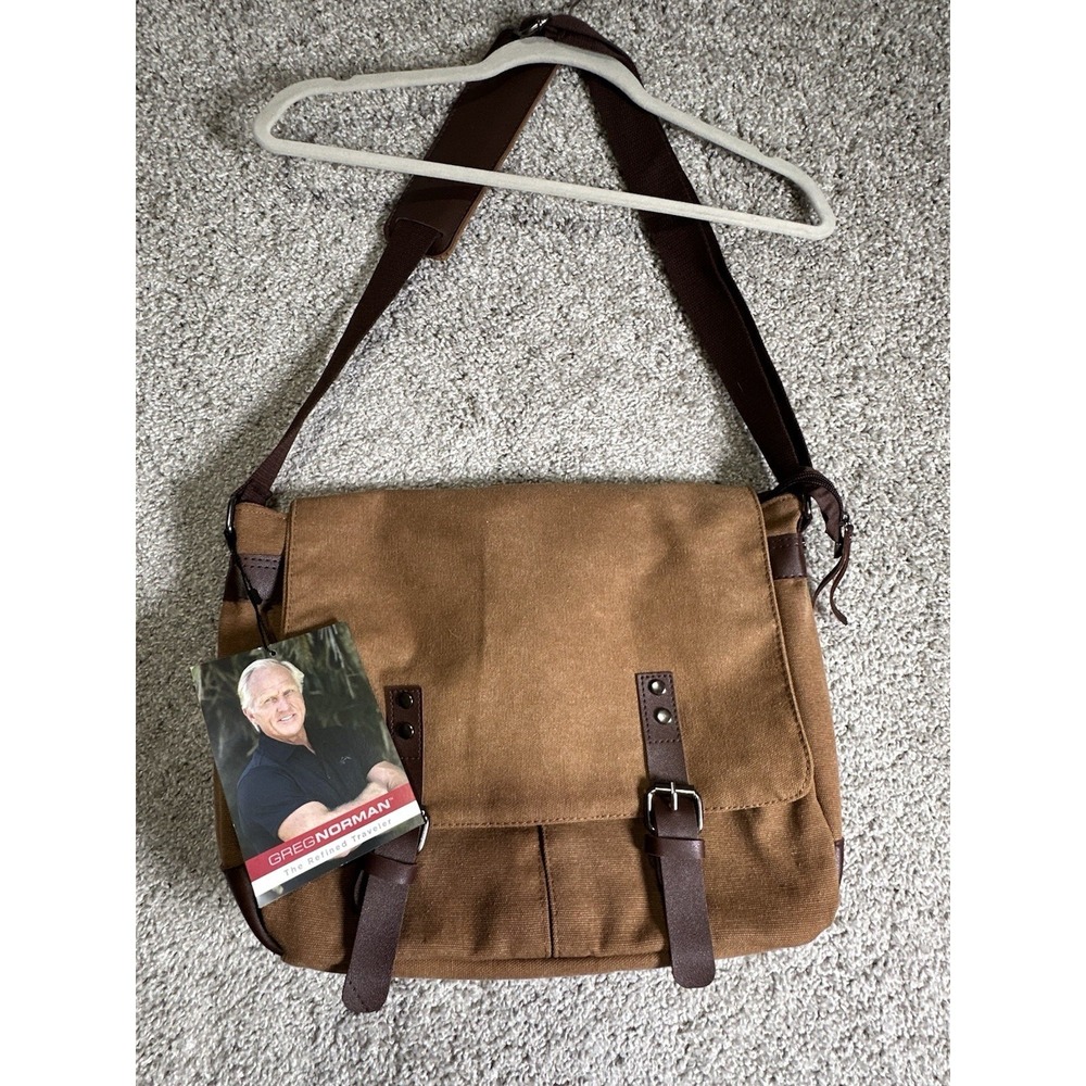 Greg Norman Canvas Messenger Bag Brown Crossbody Laptop Travel NWT